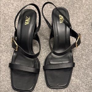 ZARA Black Leather Slingback Sandals with Gold Buckles